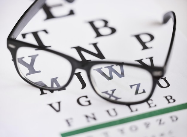 Zdjęcie list optometrii i opieka zdrowotna z okularami i wykresem do czytania ostrości i badania wzroku optyka medyczna i recepta z okularami na wykresie papieru tekstowego do badania krótkowzroczności i wzroku