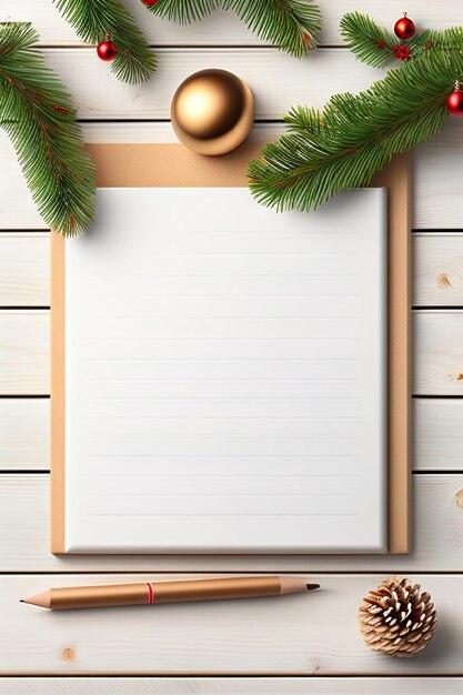 Lista listów świątecznych z gratulacjami na białym drewnianym tle prezenty w pudełku szyszki jodły br