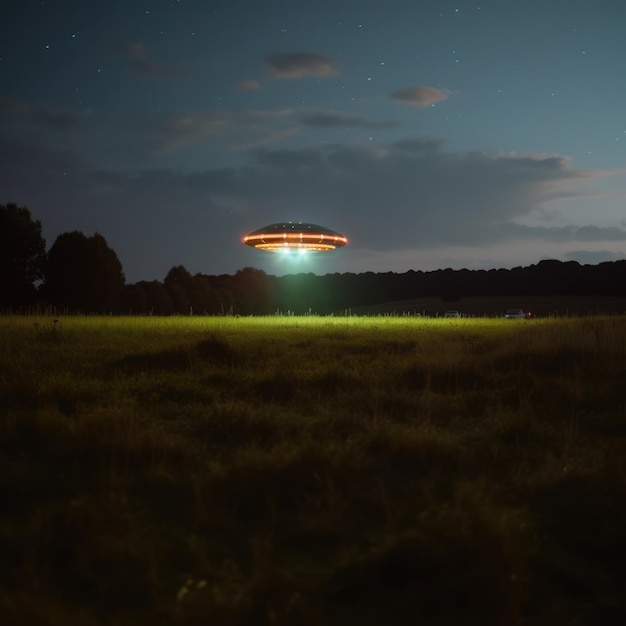 Lit ufo unosi się nad polem w nocy stworzone przy użyciu generatywnej technologii sztucznej inteligencji