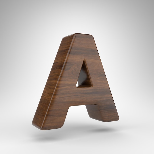 Litera A na białym tle. Ciemny dąb renderowana czcionka 3D z brązową teksturą drewna.