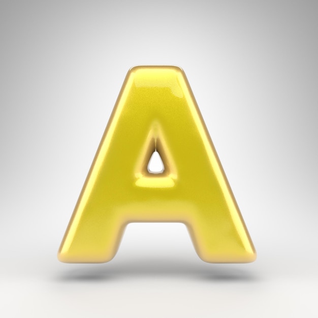 Litera A na białym tle. Żółta farba samochodowa renderowana czcionka 3D z błyszczącą metaliczną powierzchnią.
