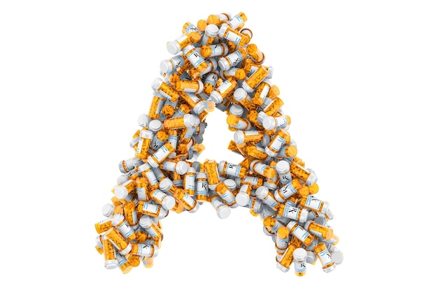 Zdjęcie litera a z butelek medycznych z lekami renderującymi 3d