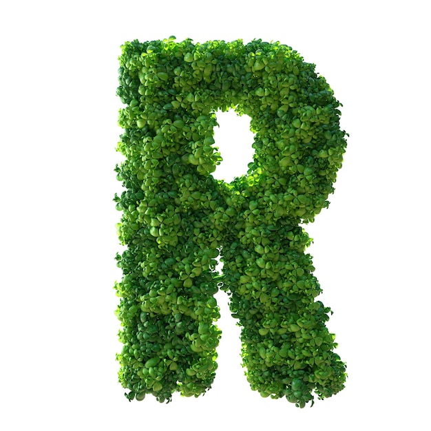 Litera alfabetu 3D R. Zielona roślina, liście, trawa, mech, bazylia, mięta. Ścieżka przycinająca.