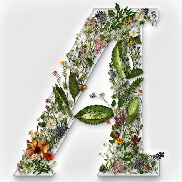 Litera alfabetu czcionki kwiatowej A wykonana z prawdziwych żywych kwiatów i liści
