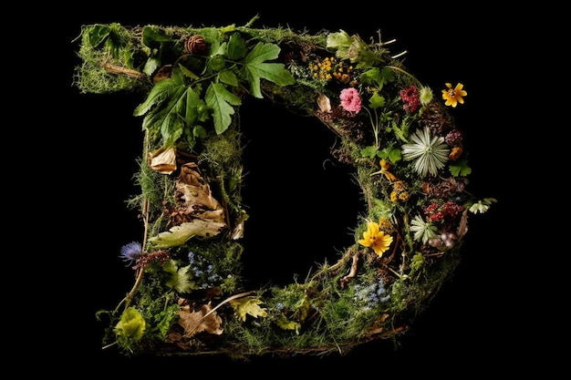 Litera alfabetu D wykonana z liści roślin i kwiatów izolowanych na czarnym tle generatywnej ilustracji ai