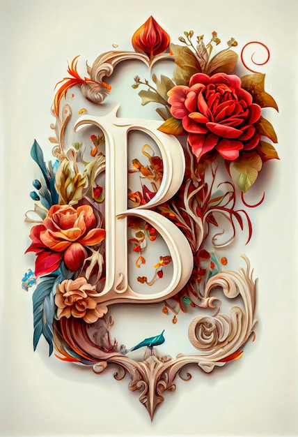 Litera b z kwiatami i ptakami.