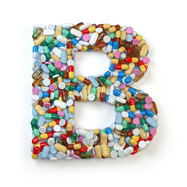 Litera B. Zestaw alfabetu tabletek medycyny, kapsułek, tabletek i blistrów na białym tle. ilustracja 3d