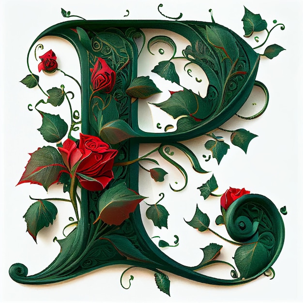 Zdjęcie litera ciemnozielona z wygrawerowanym wdzięcznym kwiatem winorośli
