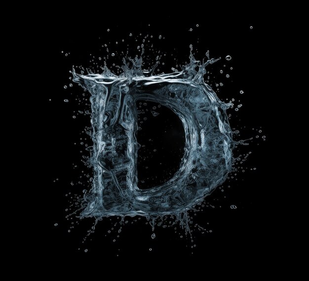 Litera D angielskiego alfabetu w postaci plamki wody z kropelami na czarnym tle