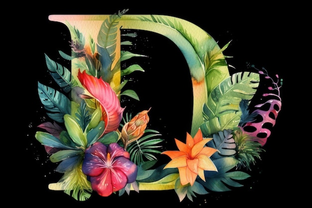 Litera d z tropikalnymi kwiatami na czarnym tle.