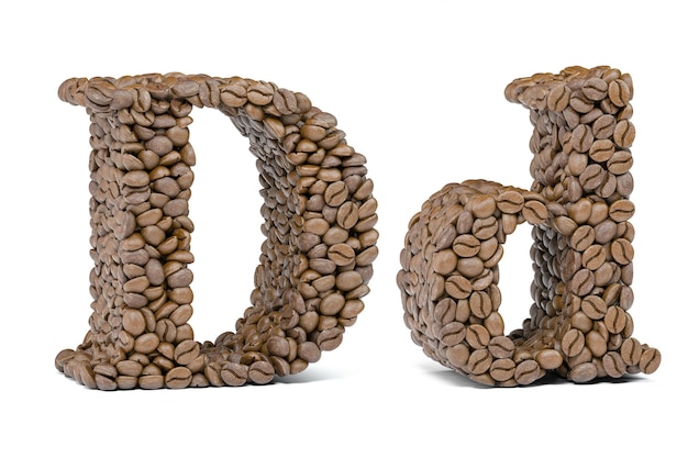 Litera D z ziaren kawy na białym tle Czcionka alfabetu kawy