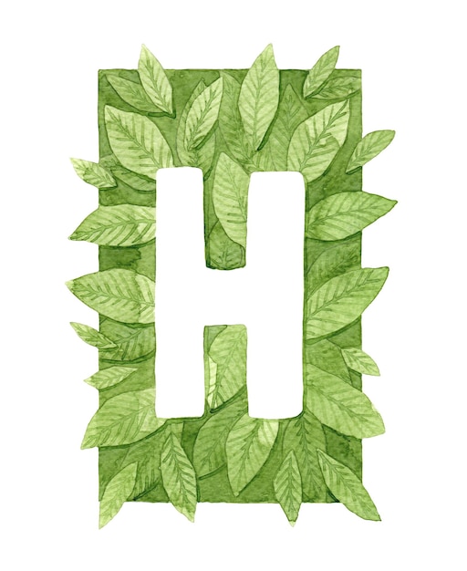 Litera H monogram Biała litera na zielonym tle liści Ilustracja botaniczna