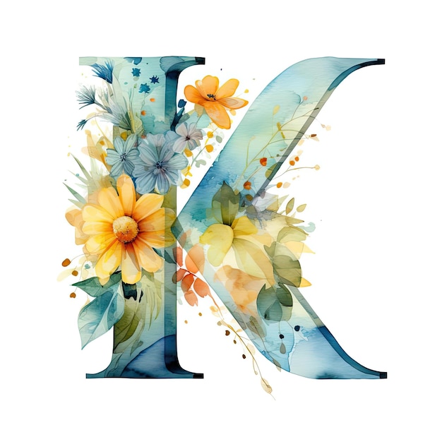 litera K tworzą piękne kwiaty i owoce utrzymane w stylu zwiewnych akwareli