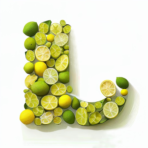 Zdjęcie litera l wykonana z wielu limonek, izolowana na białym, element projektu, do projektowania, wystroju, dla dzieci