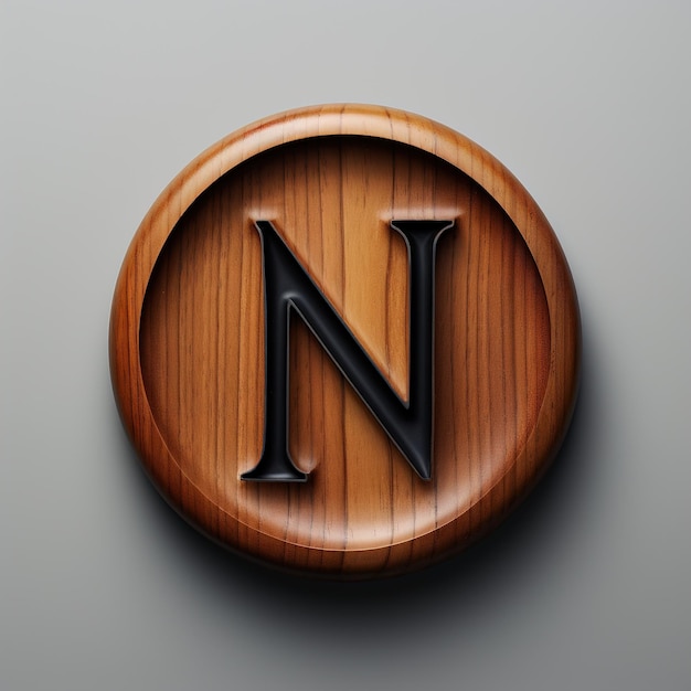 Litera N w drewnianym kręgu alfabet minimalistyczny projekt Logo typograficzne na szarym tle