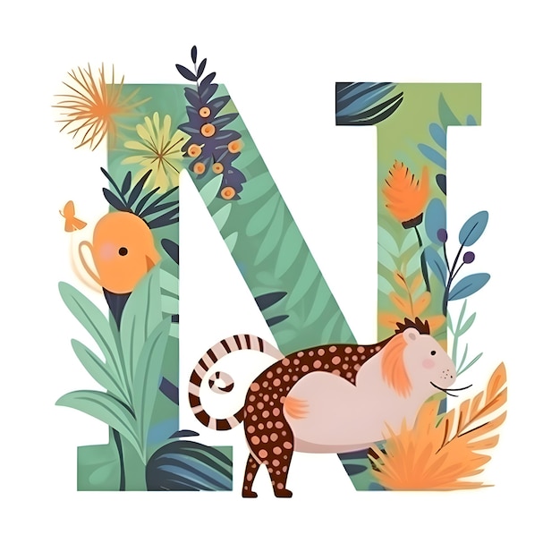 Zdjęcie litera n z śliczną kreskówkową zebrą i tropikalnymi liśćmi ilustracji wektorowych
