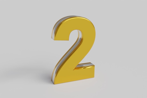 Litera numer dwa 3D render złota czcionka ze srebrnym konturem na białym tle Ścieżka przycinająca