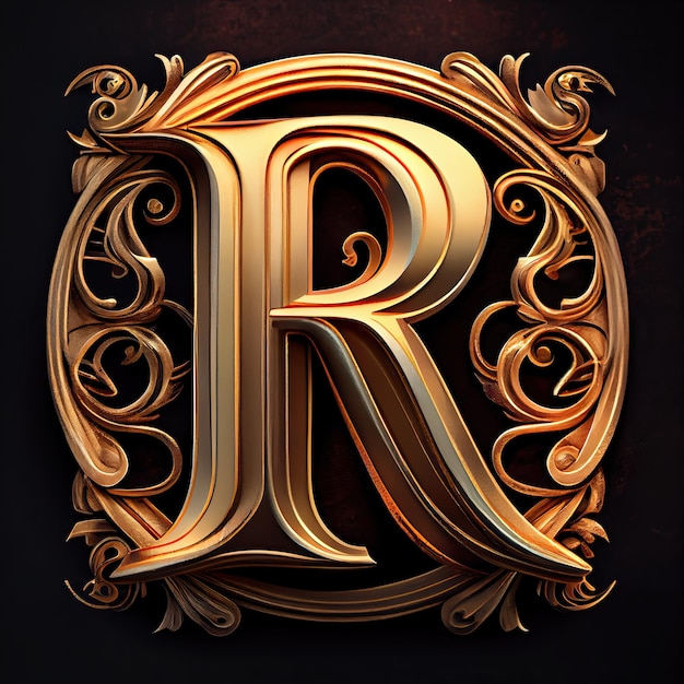 Litera R w generatywnej sztucznej inteligencji z reliefem złotego monogramu