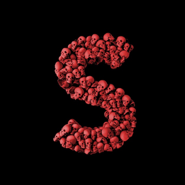 Litera S czerwona czaszka czcionka Typ wykonana z czaszek Renderowanie 3D
