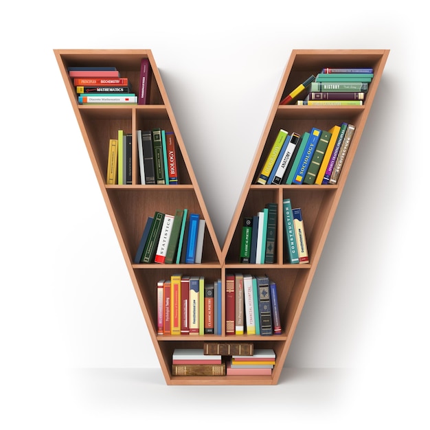 Litera V Alfabet w postaci półek z książkami odizolowanymi na białym