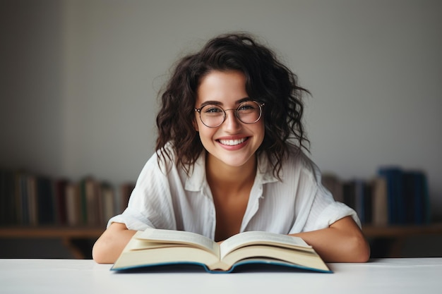 Literackie zanurzenie Dziewczyna w okularach zanurza się w naukowej aurze biblioteki, skrupulatnie studiując swoją książkę Jej przygotowania do egzaminu odzwierciedlają poświęcenie mędrca