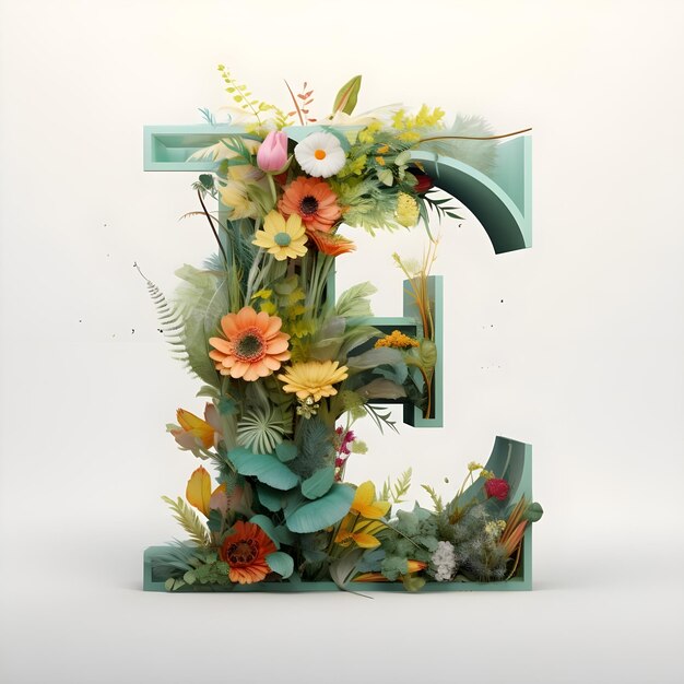Zdjęcie litery alfabetu e ozdobione kwiatami na czarnym tle renderowanie 3d