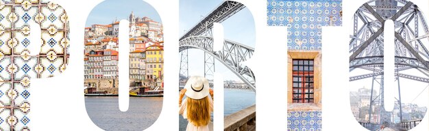 Litery Porto wypełnione zdjęciami słynnych miejsc w mieście Porto, Portugalia