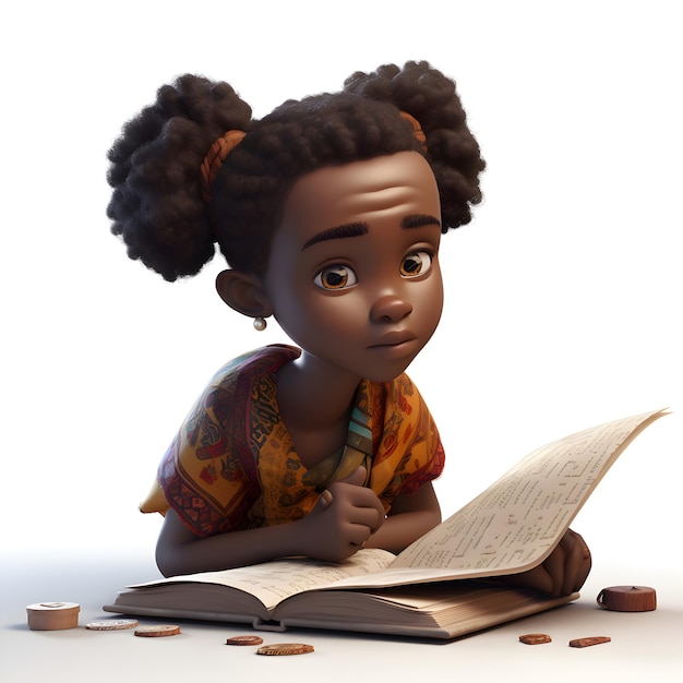 Little African American Girl czyta ksi??k? wyizolowanych na bia?ym tle