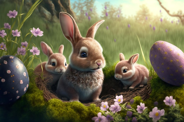 Little bunny królik z Flowery Meadow na trawie Zdobione jaja Karta wielkanocna generatywna ai