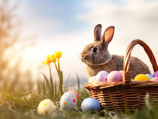 Little Bunny W Koszyku Z Udekorowanymi Jajami Wielkanocnymi Koncepcja Wielkanoc Generatywne AI