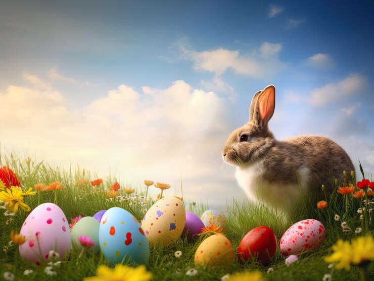 Little Bunny W Koszyku Z Udekorowanymi Jajami Wielkanocnymi Koncepcja Wielkanoc Generatywne AI