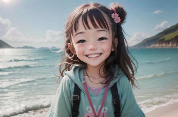 Little girl pozytywne na tle Morza Oceanu Portret szczęśliwego dzieciaka z uśmiechem na twarzy Generative AI