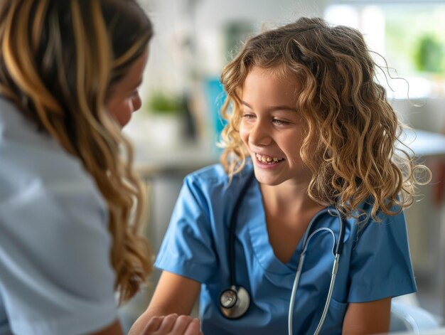 Zdjęcie little girl wearing scrubs and stethoscope smiling at another person