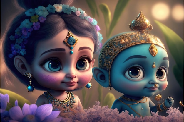 Little Krishna i Radha ładny obraz ilustracji typu 3D, ale Generative AI