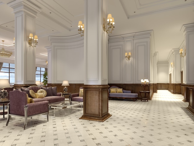 Lobby hotelowe w klasycznym stylu z luksusowymi meblami w stylu art deco i holem z mozaiki. renderowanie 3d