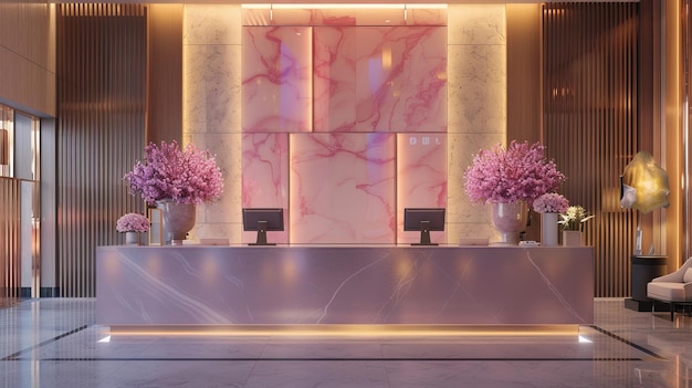 Lobby z różową marmurową ścianą i różowym licznikiem