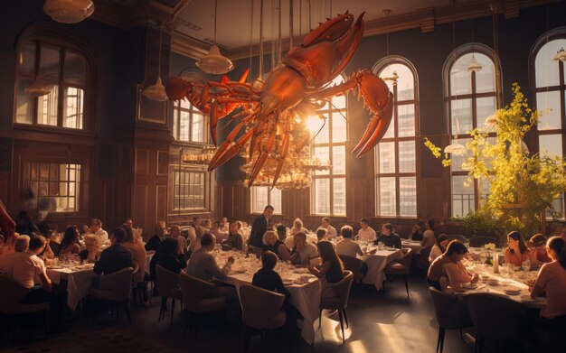 Lobster Luxe Immersive Dining Experience z wspaniałym dekoracją skorupiaków w eleganckiej restauracji w Bostonie