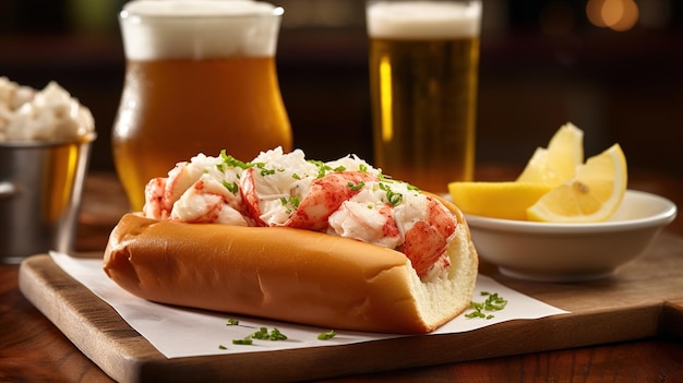 Lobster Roll Kawałki mięsa homara podawane na bułce do hot dogów z majonezem i cytryną