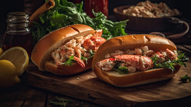 Lobster Rolls pełne kawałków mięsa homara i warzyw na drewnianym talerzu