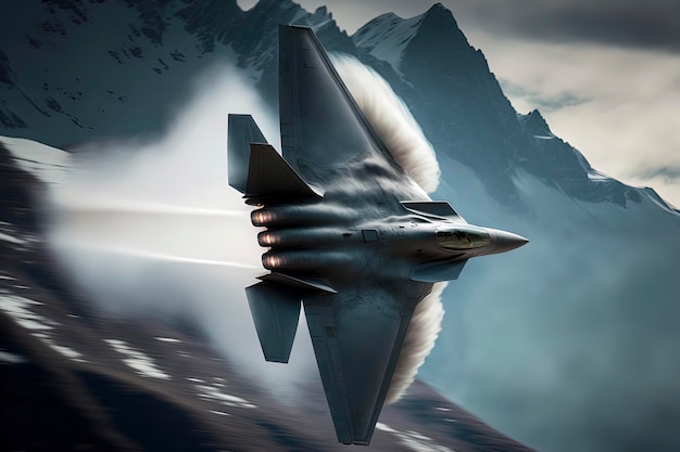 Lockheed Martin F22 przełamuje barierę dźwięku nad nastrojowym oświetleniem w Alpach Szwajcarskich AIGenerated