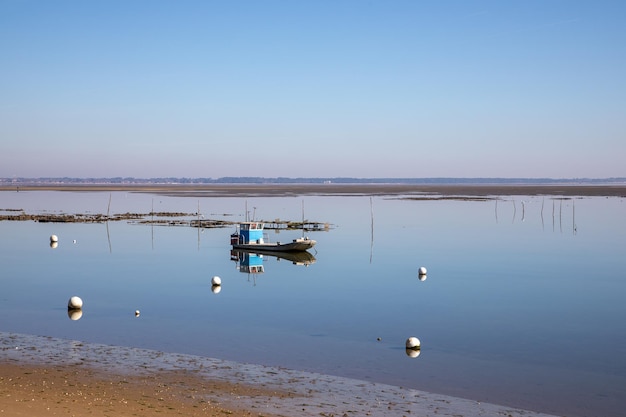 Łódka do zbierania ostryg we francuskiej zatoce wybrzeża Atlantyku w odpływie Bassin d'arcachon