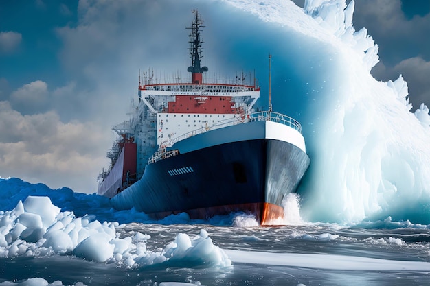 Lodołamacz łamie lodowe garby i kry na Oceanie Arktycznym na tle dramatycznego nieba Generatywna ilustracja AI