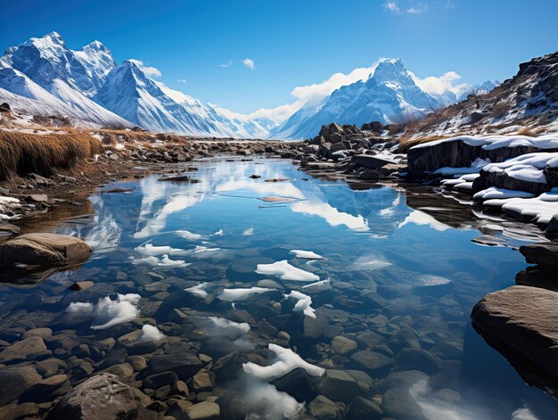 Zdjęcie lodowe góry pływające nad wodą i góry można zobaczyć z daleka generative ai