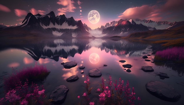 lodowiec górski krajobraz z kwiatami i jeziorem w pięknym zachodzie słońca przy pełni księżyca