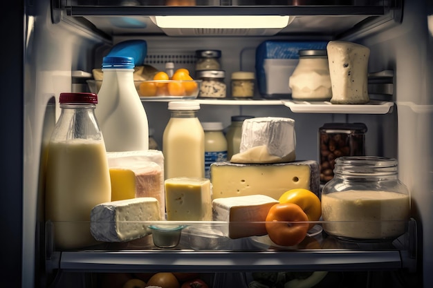 Lodówka z produktami mlecznymi, serem mlecznym i jogurtem Generative AI