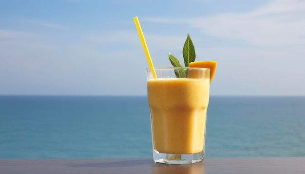 Lodowy kieliszek z smoothie z mango i widokiem na ocean.