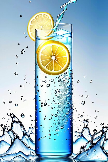 Zdjęcie lodowy sok z cytryny w szklanym kubku reklamujący kroplę wody z efektem specjalnym, tapetą