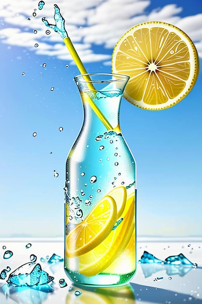 Lodowy sok z cytryny w szklanym kubku reklamujący kroplę wody z efektem specjalnym, tapetą