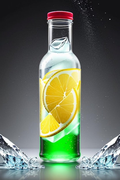 Lodowy sok z cytryny w szklanym kubku reklamujący kroplę wody z efektem specjalnym, tapetą