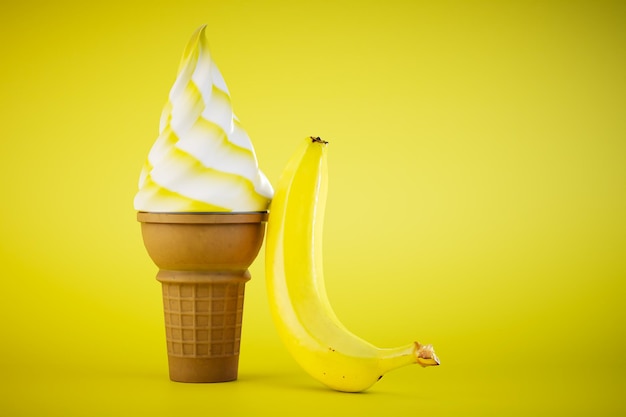 Lody bananowe w filiżance waflowej lody obok banana na żółtym tle renderowania 3D